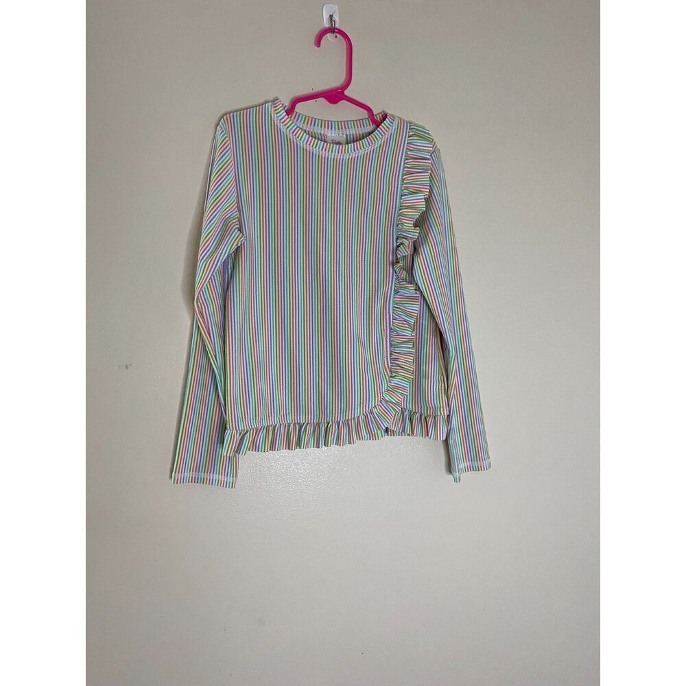 RuffleButts Girls Size 8 Pastel Rainbow Stripe Long Sleeve Ruffle Rash Guard Top